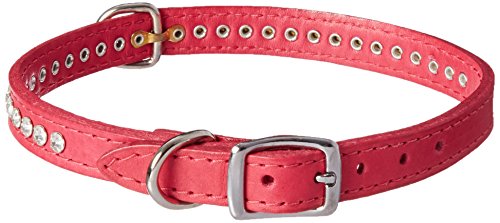 Image of Signature Leather Crystal Dog Collar, Raspberry Solid Grain Leather, Fits 11.5 inch-13.5 inch Neck Size, 16 inch Overall Length