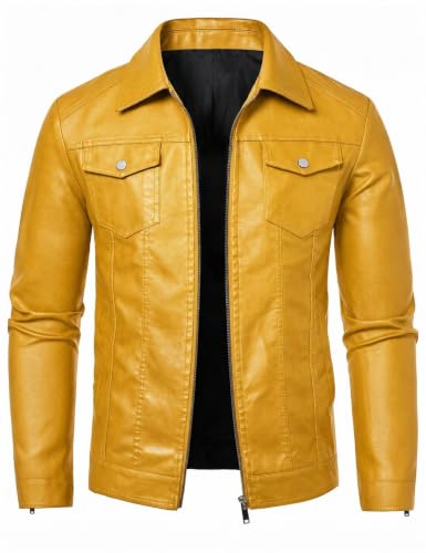 Image of Zbrandy Leather Jacket Men Faux Leather Jackets Mens Moto Biker Coat Outwear Windproof Yellow L