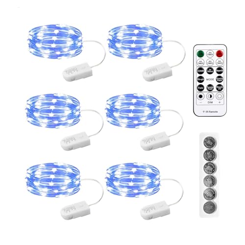 Image of 6PCS Fairy Lights Battery Powered with Remote, 7ft 20LEDs Blue Twinkle Mini Lights with Timer, Waterproof Small Silver Wire Firefly Starry for DIY Wedding Party Christmas