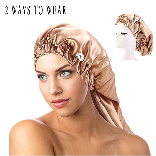 2 Pcs Long Satin Sleep Cap For Women,Girls Silky Cap For Sleeping Large Satin Bonnet Single Layer Sleep Cap With Button For Long Curly Hair Protection(Black,Khaki) #TOP3