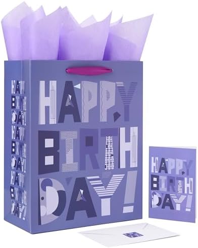 13″ Large Purple Gift Bags Set with Greeting Card and Lavender Tissue Papers (Cartoon Happy Birthday) for Women’s Birthday Party, Girls’ Party, Baby Shower, or Baby Girl – 10.2”x5.2”x13”, 1 Pcs.