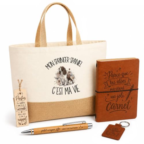 Planetee Coffret Cadeau Mon Springer Spaniel c'est ma vie | Sac Cabas Coton et Jute 18 L, Carnet, Stylo Bambou, Porte-Clés, Marque-Page, 5 Pièces Gravées, Anniversaire Noël Propriétaire
