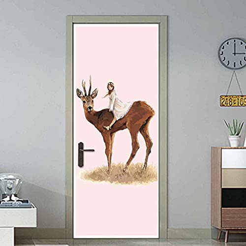 SEKCTV 3D Türaufkleber Bemaltes Tier Elch Türtapete Wandbild Selbstklebend Pvc Wasserdicht Abnehmbar Türfolie Türposter Fototapete Wohnzimmer Küche Schlafzimmer Haus Dekoration 88x200Cm Cover
