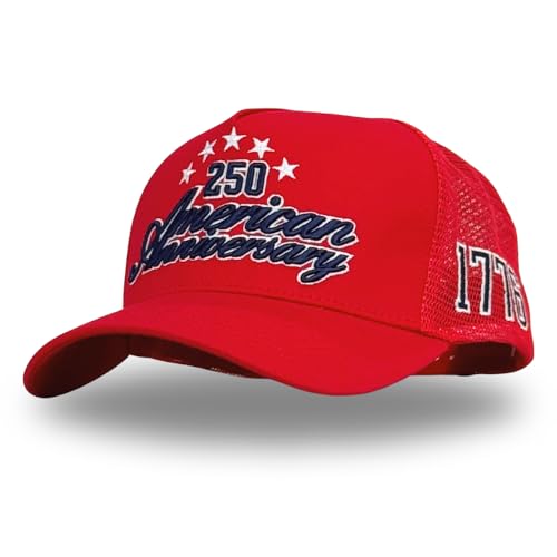 Vintage Seasonal Trucker Hat | Men & Women | Trendy Retro Country Western | Red & Blue Trucker Hats | Holiday USA Fourth of July American Flag | Cotton | Snapback (250 American Anniversary | Red)