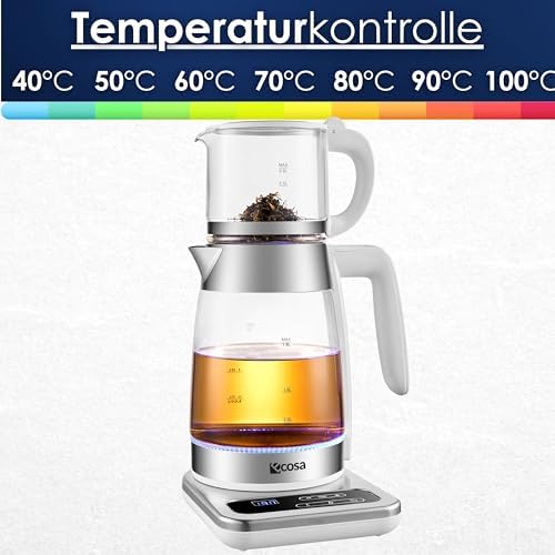 Bild 4 - Teekocher elektrisch mit Temperatureinstellung Glas Wasserkocher Teemaschine Warmhaltefunktion mit Temperaturwahl BPA Frei LED Beleuchtung 360° Basis 1,8 Liter + 0,8l Fassungsvermögen