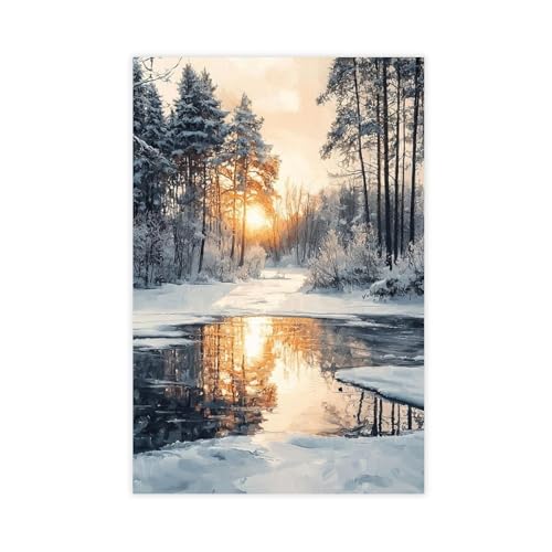 XAHOR Cozy Winter Canvas Print – Nordic Snowy Landscape with Sunset, Frozen Lake, Warm Home Wall Decor Canvas Posters Wall Art Bedroom Office Room Decor Gift 16x24inch(40x60cm)