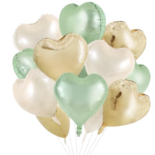 TONIFUL 15 Pcs 18 Inch Cream Gold Green Heart Shape Foil Mylar Balloons