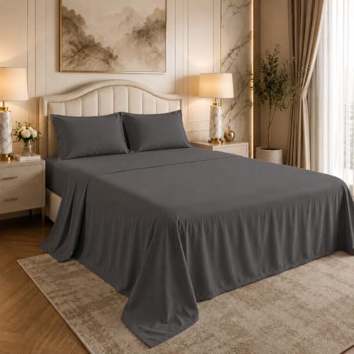 Image of LINENWALAS 100% Cotton Bedsheet with Pillow Cover for King Size Bed, Natural Soft 400tc Long Staple Imported Egyptian Cotton Premium Oeko-Tex Certified Bed Sheet (108 inch x 108 inch, Dark Grey)