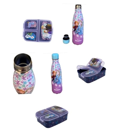 PELLECCHIA 1969 | Set Pranzo Scuola 2 Pezzi | Porta Merenda Scuola con 3 scomparti in Plastica BPA Free e Bottiglia termica in acciaio inossidabile con tappo svitabile 500ml (FROZEN)