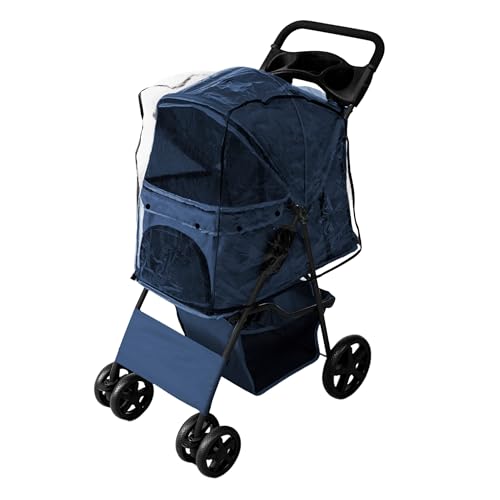 Passeggino Per Animali Blu Navy Pieghevole 15Kg 4 Ruote Gatto Cane Gancio Di Sicurezza Cuscino Tettuccio Finestre In Rete Cestino Portabicchieri Copertura Antipioggia Impermeabile - 3