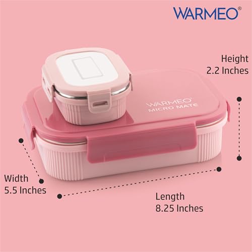 Image of WARMEO MICROMATE Microwave-Safe Stainless Steel Lunch Box, Bpa Free, Perfect for Office, School, Travelling, Combo(800ml+150 ml), Pink