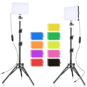 LED Video Light Kit 2Pcs, 6500K Dimmable USB Photography Lighting Kit Streaming Light with 9 Color Filters Adjustable Tripod with Ball Head for Tabletop/Low-Angle Shooting, for Zoom, Game Streaming