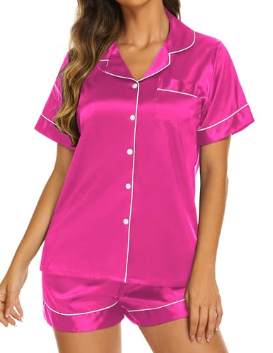 Image of Ekouaer Silk Pajamas for Women Short Sleeve Sleepwear Soft Button Down Loungewear 2 Piece Satin Pjs Shorts Set