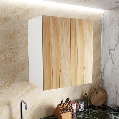 Image of 2 Door Multipurpose Wall Mounted Cabinet with Adjustable & Fixed Shelf | Storage for Modular Kitchen, Bathroom, Office & Living Room | DIY | Color-White & Asian Light | Size-60x33x63.8 Cm