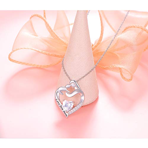 925 Sterling Silver Mother And Child Pendant With Message Love You More Cubic Zirconia Heart Necklace For Women Mother Daughter, Adjustable Silver Chain 18+2 Inches New Mum Gifts (Love You More) #TOP4