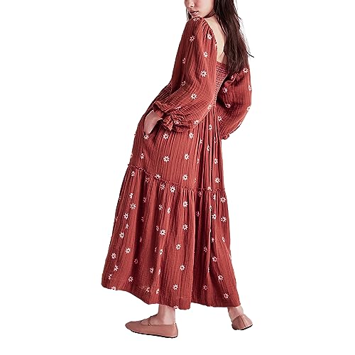 Chloefairy Women's Flower Embroidered Maxi Dress Lantern Sleeve Square Neck Tiered Flowy Spring Fall Dress2