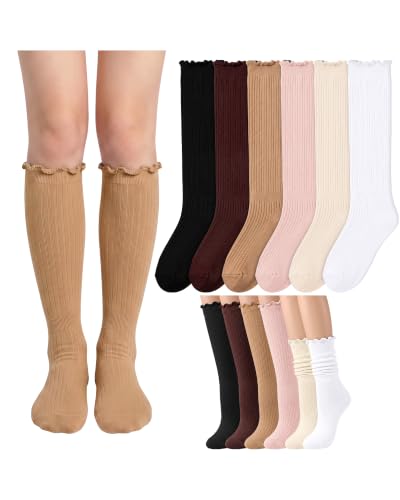 CoCozy 6 Pairs Knee High Socks for Women, Ruffle Boot Socks,Mix1