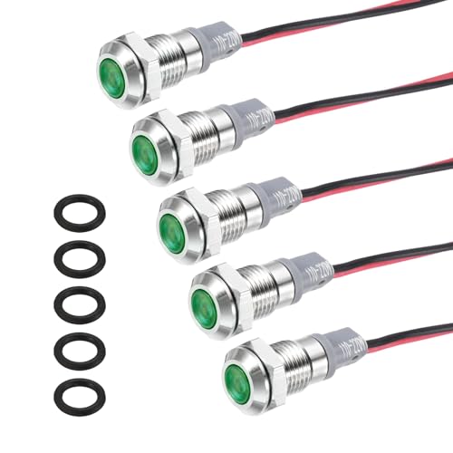 PATIKIL 5Pcs 8mm(5/16") Indicator Light,110V-220V AC 20mA LED Metal Signal Lamp Waterproof IP67 Flat Head Signal Lights with 150mm(5.9") Cable for Boat Car,Green