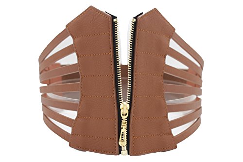 Women Fashion Stretch Wide Belt Waist Hip Gold Metal Zipper Fit Size L XL Brown4