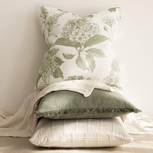 Image of Foindtower Set of 2 Linen Floral Throw Pillow Covers Vintage Accent Print Decorative Cozy Cushion Covers Farmhouse Boho Home Decor for Sofa Chair Couch Bedroom Living Room,18x18 Inch,Light Green