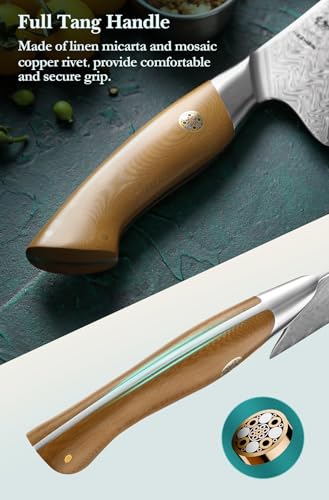 HEZHEN Damascus Santoku Knife, 7 Inches, 67 Layers Damascus Steel Kitchen Knife, Ultra Sharp Blade, Japanese Chef Knife for Professional Chefs and Home Cooking, Linen Micarta Handle, Gift Packing - Image 6