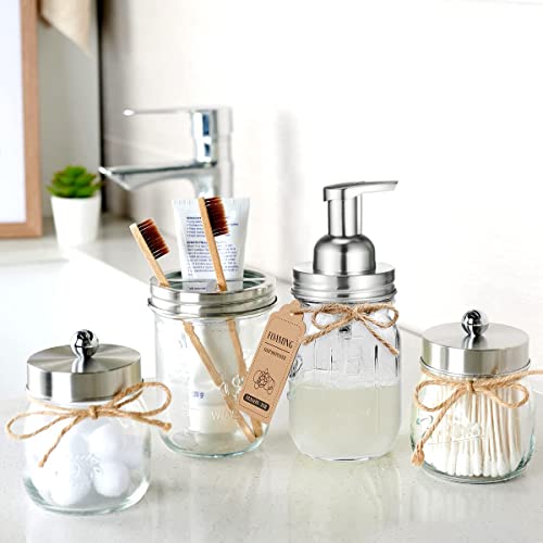 Mason Jar Bathroom Accessories Set 4 Pack - Foaming Soap Dispenser&2 Qtip Holders&Toothbrush Holder-Rustic Farmhouse Decor Bathroom Organizer Apothecary Jar Country Countertop (Brushed Nickel) #TOP5