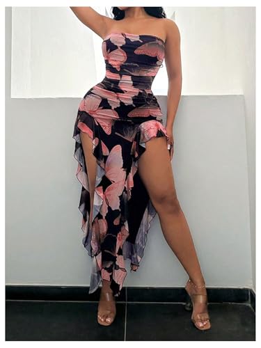 Image of Verdusa Women's Butterfly Print Ruffle Dress Thigh Split Strapless Bodycon Tube Dress