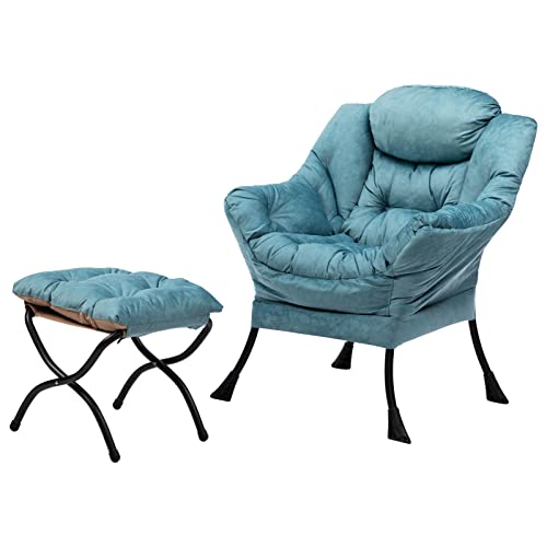 AcozyHom Modern Fabric Lazy Chair and Folding Footrest Stool Set, Accent Contemporary Lounge Chair and Portable Ottoman, Steel Frame Leisure Sofa Chair and Metal Cotton Anti-Slip Footstool, Blue