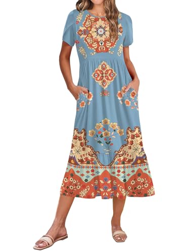 Image of Zeagoo Women Summer Midi A Line Dress Short Sleeve Casual Flowy Tiered Beach Long Sundress with Pockets 2026 Vacation Travel