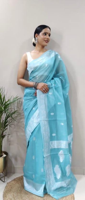 Image of Banarasi soft Cotton-Silk Saree with Unstitched Blouse - Graceful Design for Special Occasions, Weddings & Festivals