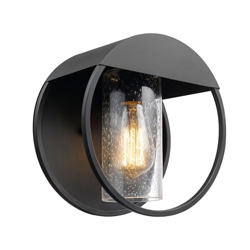 Globe Electric 44388 1-Light Indoor/Outdoor Wall Sconce, Matte Black Finish, Seeded Glass Shade, Weather-Resistant, E26 Base by Globe Electric - Used condition - US$20.53