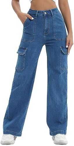 ETTELO Women Cargo Jeans High Waist Y2K Straight Leg Trendy Stretchy Lightweight Jeans for Women