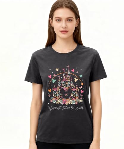 Magical Shirts for Women Boho Tops Happiest Place On Earth T-Shirt Cute Balloon Flower Graphic Short Sleeve Tops Holiday Tees,Dark Gray S