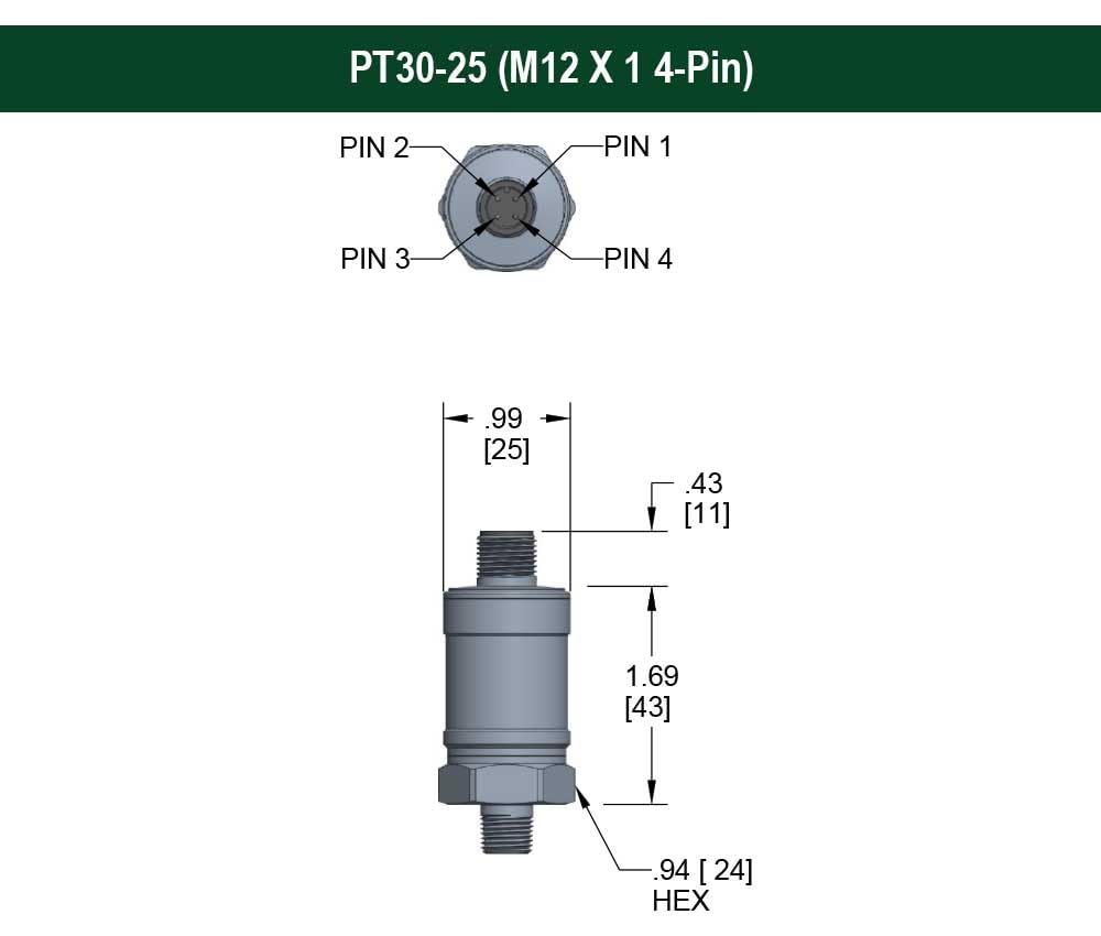 High Performance Fixed Range Pressure Transmitter, 0 to 1000 psi Gauge, ±0.25% of Span, 0 Vdc to 5 Vdc, 3-Wire, 1/4 NPT Male, M12 x 1 4 pin