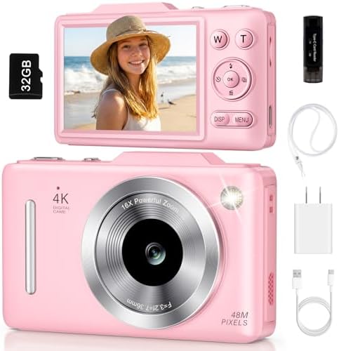 Digital Camera 4K Autofocus Vlogging Camera for Photography with 16X Zoom Anti Shake, 32GB Card, 48MP Compact Portable Point and Shoot Camera for Kids Boys Girls Teens Beginner（Pink）