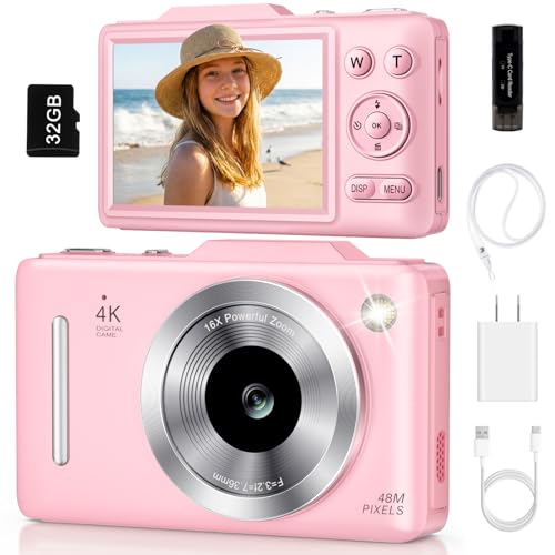Digital Camera 4K Autofocus Vlogging Camera for Photography with 16X Zoom Anti Shake 32GB Card 48MP Compact Portable Point and Shoot Camera for Kids Boys Girls Teens BeginnerPink