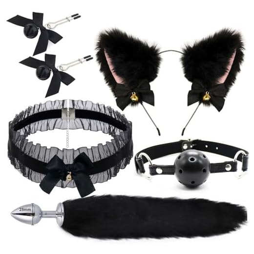 5Pcs Furry Tail Äñàle plụģ Kit diadema para fiestas,Preciosos accesorios para disfraces de Halloween(Negro)
