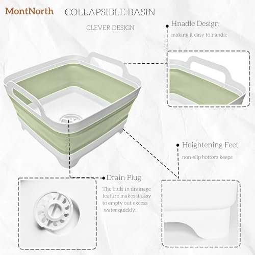 Image of 9L Collapsible Dishpan With Drain Plug - Portable Sink Basin for Kitchen, Camping, Laundry - Foldable Washing Tub, Green