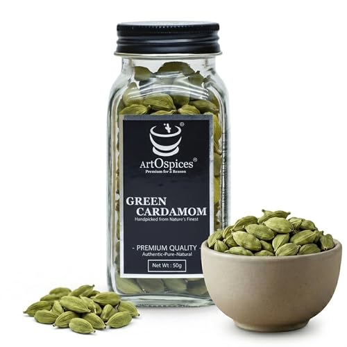 Image of ArtOspices Premium Whole Green Cardamom (Elaichi) 50g | 8mm+ Kerala Cardamom Pods | Bold Whole Spices - Idukki | Natural Aroma | No Added Colour | Glass Jar Packaging