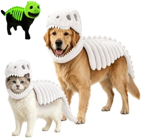 Cat Saur Costume, Glow-in-the-Dark Dinosaur Skeleton Cat Costume (White, M(13.78in))