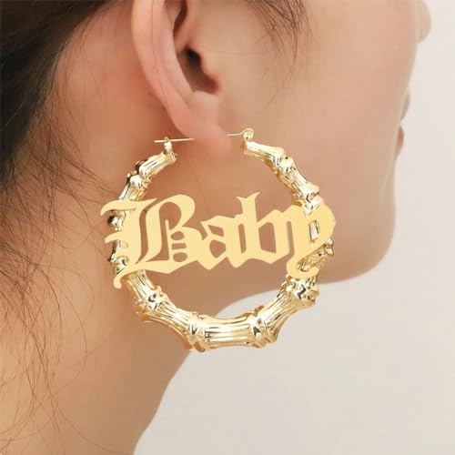 Custom Name Hoop Earrings, Personalized Bamboo Hoop Earrings, 18K Gold Plated Big Hoops, Custom Gifts for Mom, Grandma, Women3