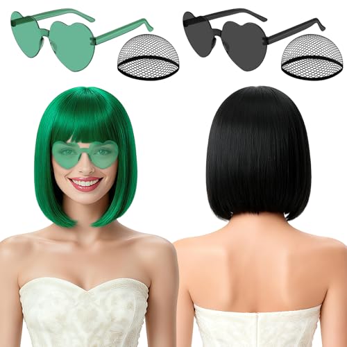 Image of 2 Pack Colored Bob Wigs and Heart Sunglasses Set, Green Black Short Straight Bob Wig with Bangs Neon Party Colorful Synthetic Hair for Women Men Halloween Costume Bachelorette Party Favors