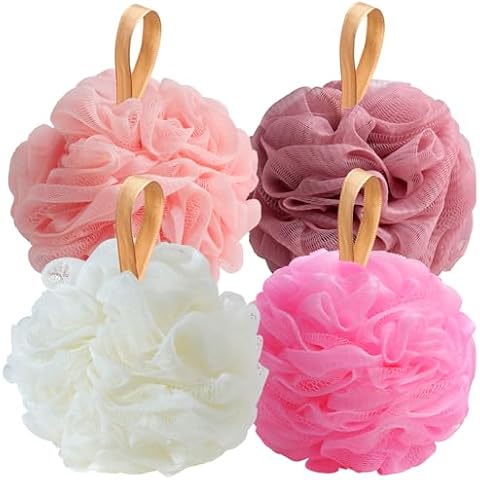 Fishent Loofah Bath Sponge Shower Loofahs, 4 Pack Soft Loofa Exfoliating Body Scrubber Mesh Shower Puff Pouf Ball Luffa for Men and Women(50g/pcs) (Pink-Peach-Coral-White) Cover