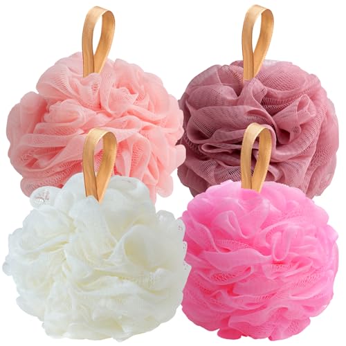 Fishent Loofah Bath Sponge Shower Loofahs, 4 Pack Soft Loofa Exfoliating Body Scrubber Mesh Shower Puff Pouf Ball Luffa for Men and Women(50g/pcs) (Pink-Peach-Coral-White)
