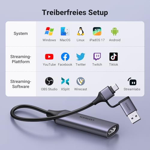 UGREEN Video Capture Card, 4K HDMI auf USB C/A Capture Card, 1080P Video Grabber für Gaming, Rekorder, Livestreaming, kompatibel mit Switch PS5 Xbox TV Stick Camera Laptop iPad Mac Handy Mac mini 4