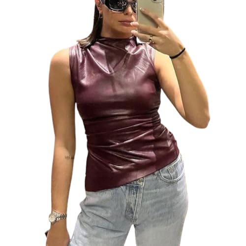 Women's FashionFaux Leather Pleated Sleeveless Asymmetrical Mock Neck Slim Tank Top