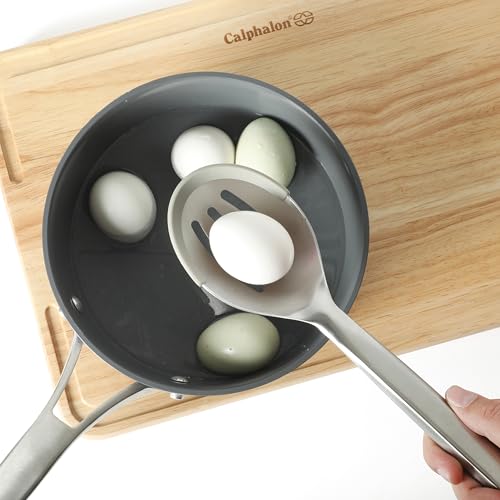 Image of Calphalon Prime Slotted Spoon Skimmer, Stainless Steel Straining Spoon with Taupe Silicone Rim, Heat-Resistant Nonstick-Safe Kitchen Spoon for Draining, Cooking & Serving
