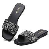 Tilocow Women Black Rhinestone Decor Flat Sandals Square Toe Fashion Glitter Bling Slides With Soft Summer Slippers Size 8