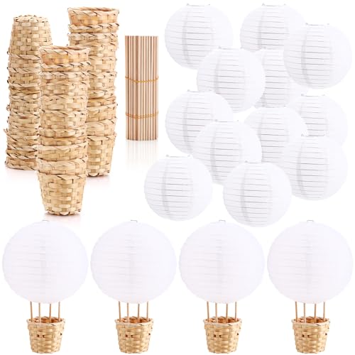 Tujoe 36 Set Hot Air Balloon Table Centerpieces Decoration, Include 36 White Paper Lanterns 36 Mini Woven Baskets and 144 Wooden Sticks DIY Craft for Gift Wedding Birthday Baby Shower Christmas Party