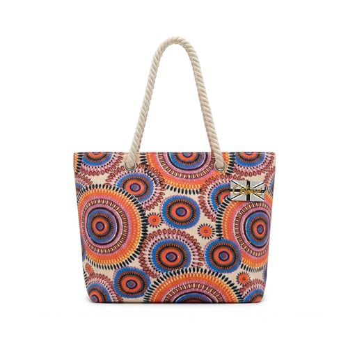 Image of Octave Summer Beach Bag For Women – Ombre Two Tone Cotton Canvas Drawstring Tote Bag, Large Lightweight Holiday Shoulder Shopper, One Size (Orange/Blue Circles)